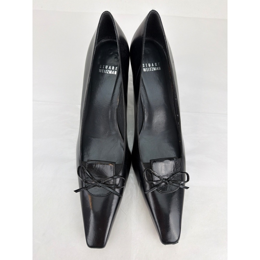 Stuart Weitzman Pumps Women 9N Black Leather Pointed Toe Bow Kitten Heel Office
